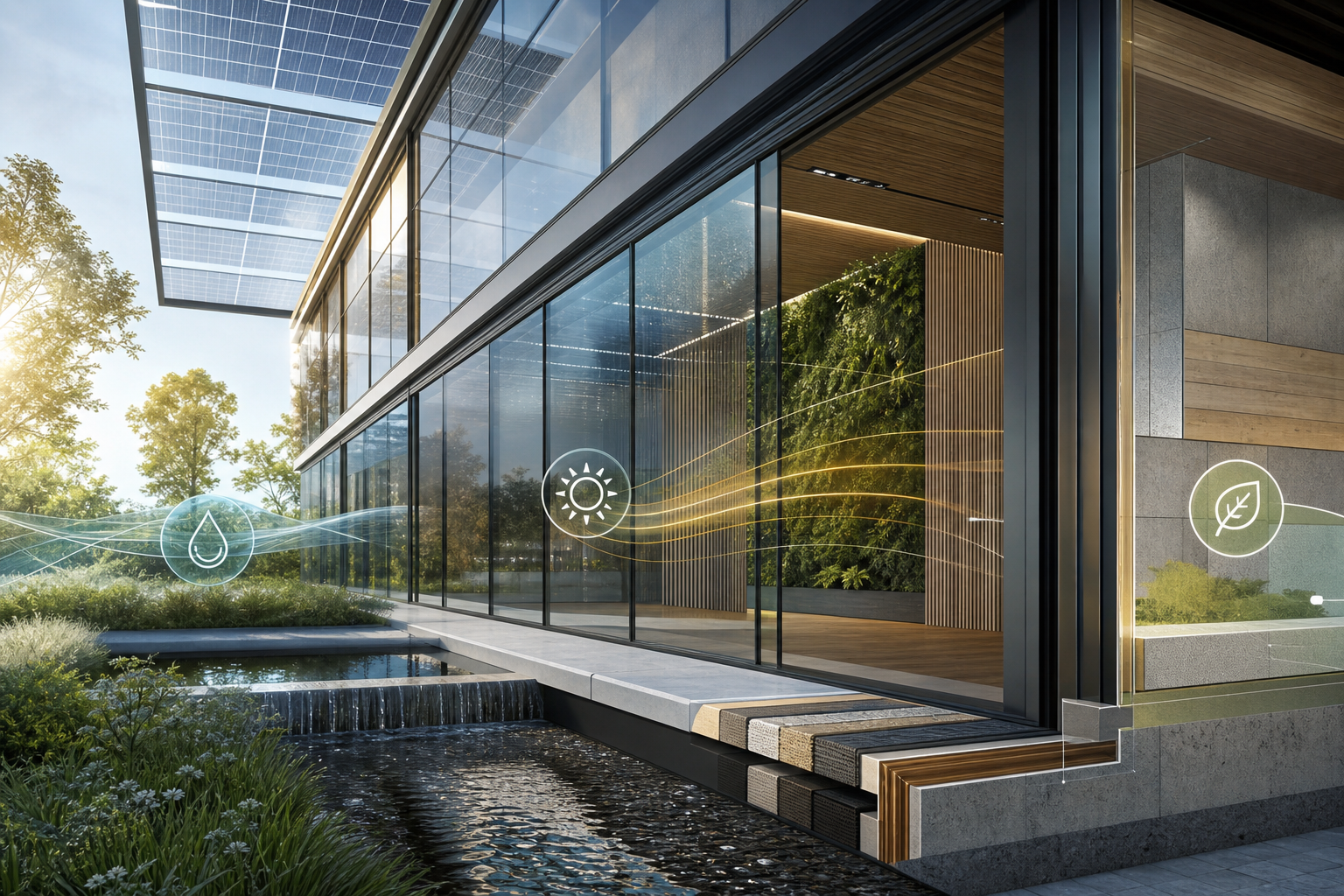 Edifício moderno com estratégias de eficiência hídrica, energética e materiais de menor impacto