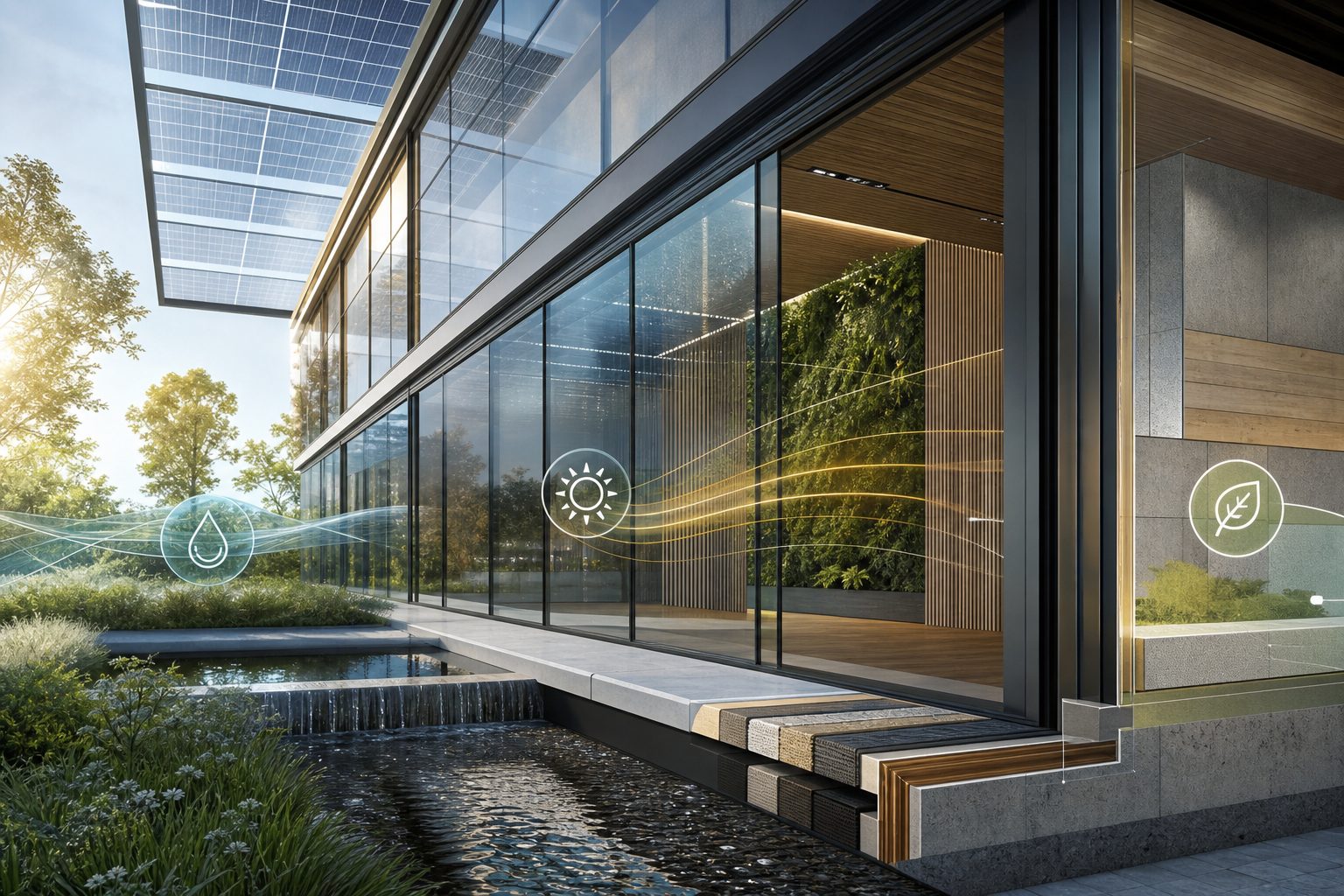 Edificio moderno con estrategias de eficiencia hídrica, energética y materiales de menor impacto