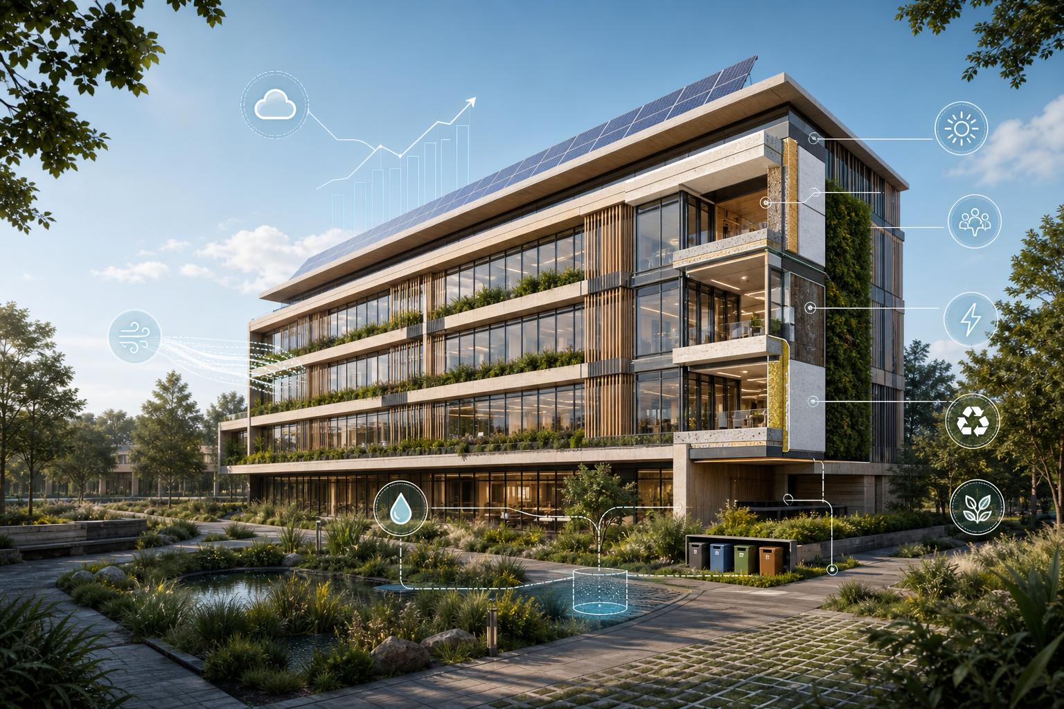Edificação analisada por carbono, qualidade de vida, energia, água, resíduos e materiais sustentáveis