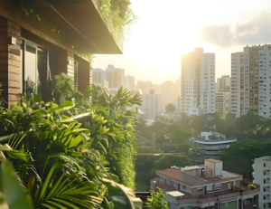 Representação visual elaborada por IA de edifícios saudáveis.